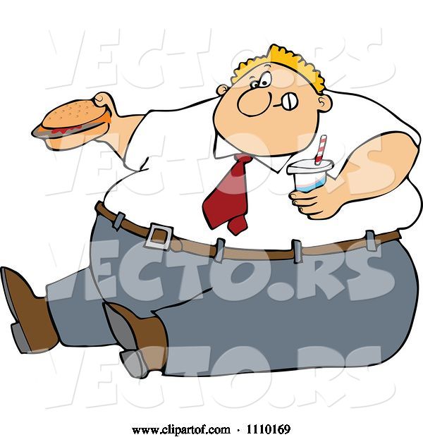 Vector of Cartoon Unhealthy Obese Guy Eating a Hamburger and Holding a Soda