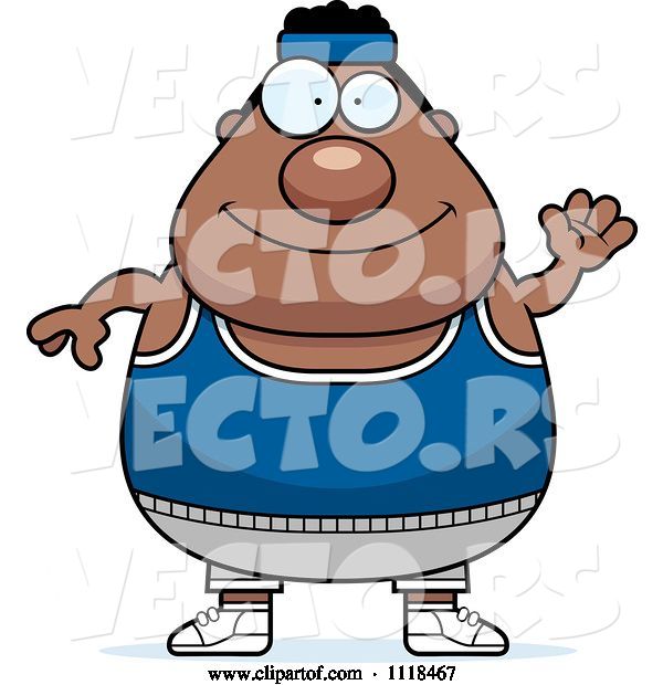 Vector of Cartoon Waving Plump Black Gym Guy