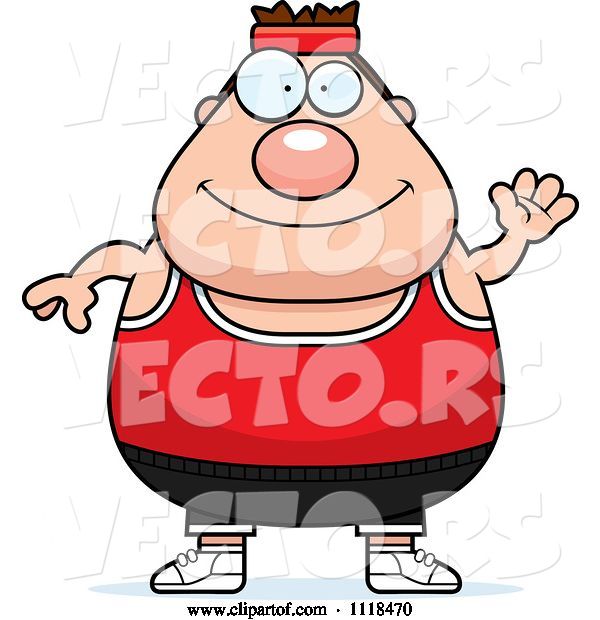 Vector of Cartoon Waving Plump White Gym Guy