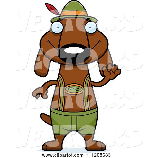 Vector of Cartoon Waving Skinny German Oktoberfest Dachshund Dog Wearing Lederhosen