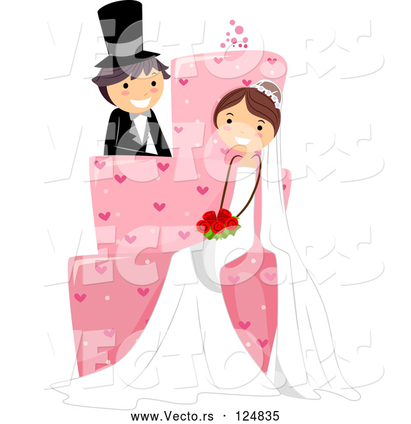 Vector of Cartoon Wedding Couple Sitting on a Giant Pink Cake
