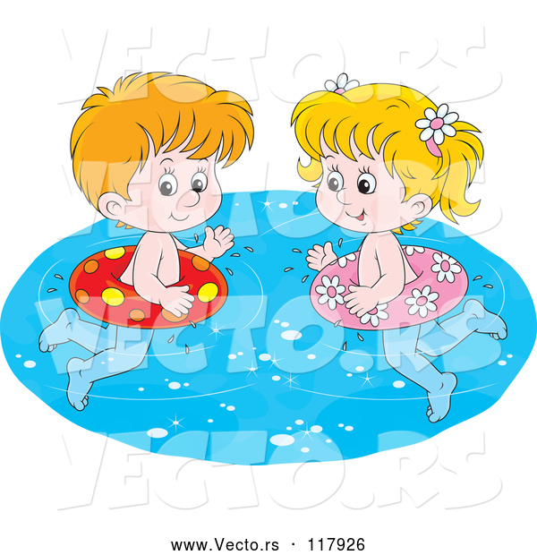 Vector of Cartoon White Boy and Girl Swimming with Inner Tubes
