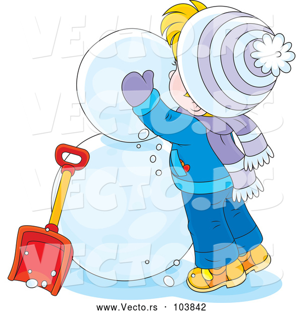 Vector of Cartoon White Boy Making a Snowman