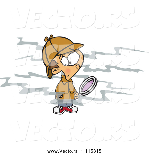 Vector of Cartoon White Boy Sherlock Picking up a Scent and Holding a Magnifying Glass