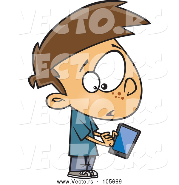 Vector of Cartoon White Boy Warily Tapping a Tablet Computer