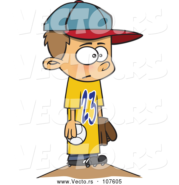 Vector of Cartoon White Boy Wearing a Big Jersey and Standing on Baseball Pitchers Mound