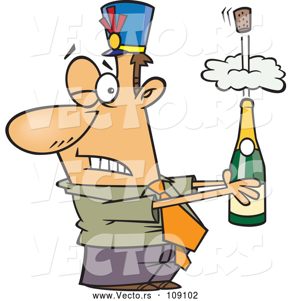 Vector of Cartoon White Businessman Holding an Exploding Bottle of Champagne at a New Year Party