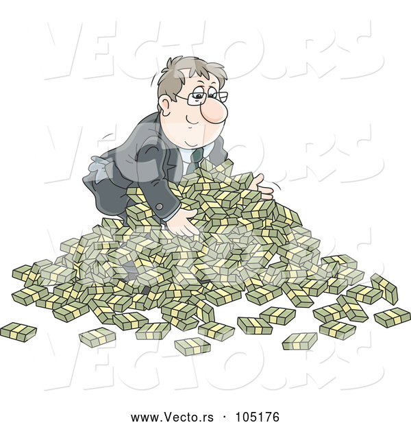 Vector of Cartoon White Businessman in a Pile of Cash Money