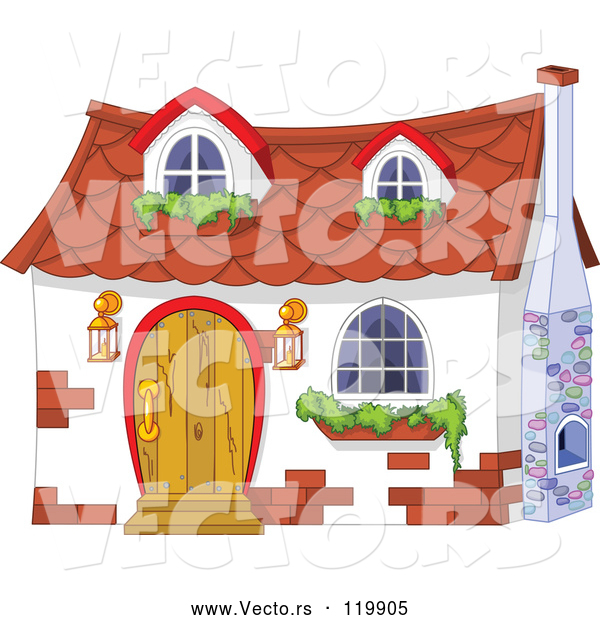Vector of Cartoon White Cottage with Window Planters