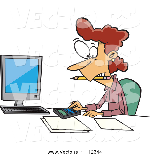 Vector of Cartoon White Female Accountant Working Hard at Her Desk