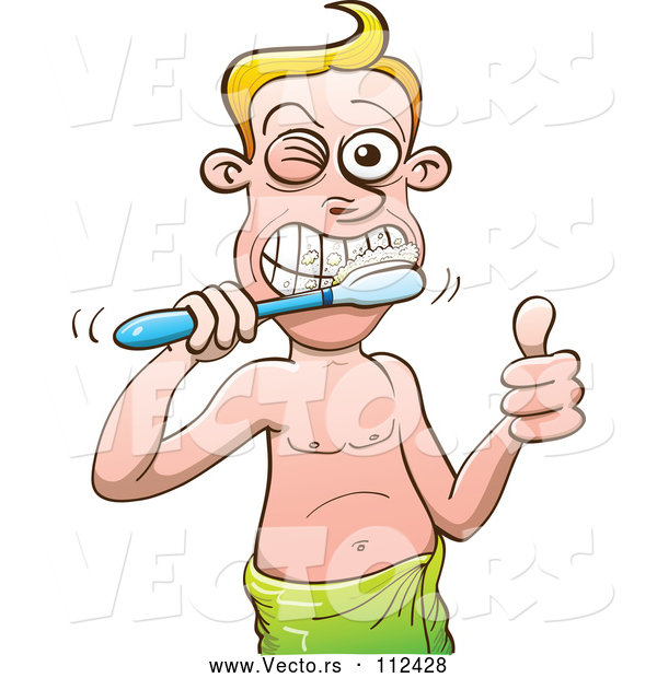 Vector of Cartoon White Guy Giving a Thumb up and Brushing His Teeth While Wearing a Towel