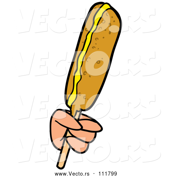 Vector of Cartoon White Hand Holding a Corn Dog with Mustard