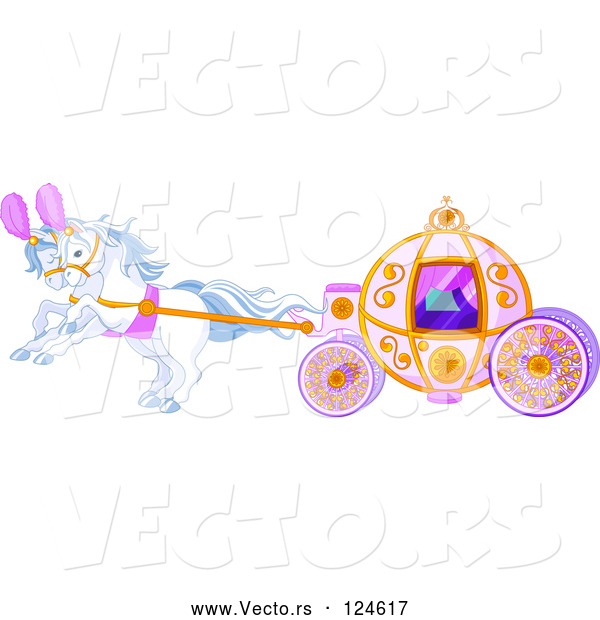 Vector of Cartoon White Horses Pulling a Fairy Tale Carriage