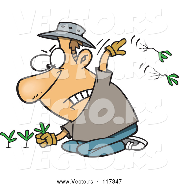Vector of Cartoon White Mad Guy Pulling Weeds