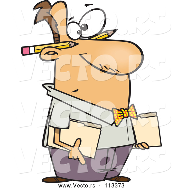 Vector of Cartoon White Male Accountant Holding Folders, with Pencils Behind His Ears