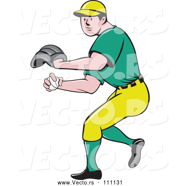 Vector of Cartoon White Male Baseball Player Pitching in a Green and Yellow Uniform