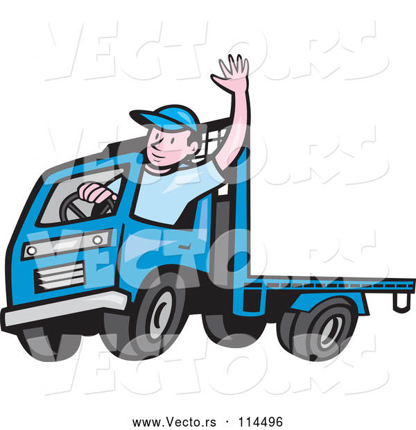 Vector of Cartoon White Male Flatbed Truck Driver Waving