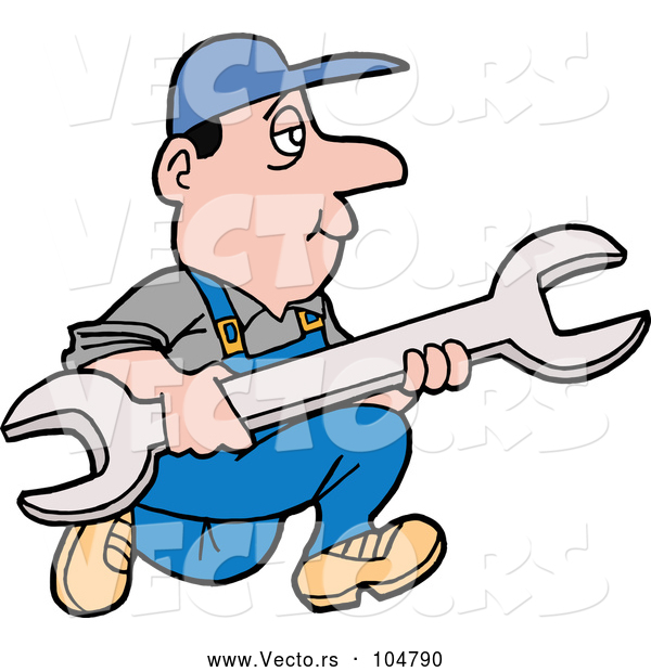 Vector of Cartoon White Worker Guy Running with a Giant Wrench