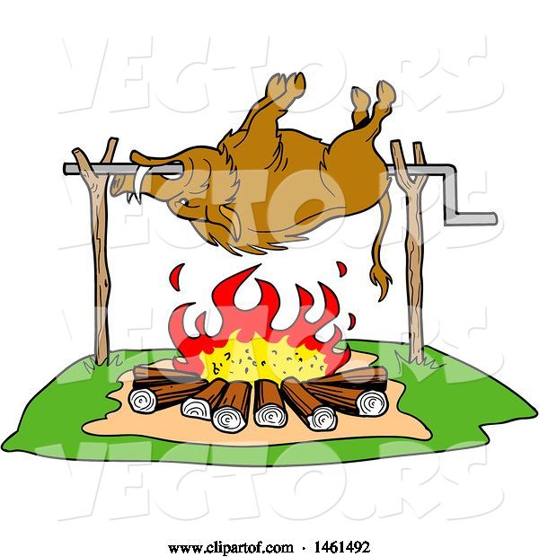 Vector of Cartoon Wild Boar Cooking on a Spit over a Fire