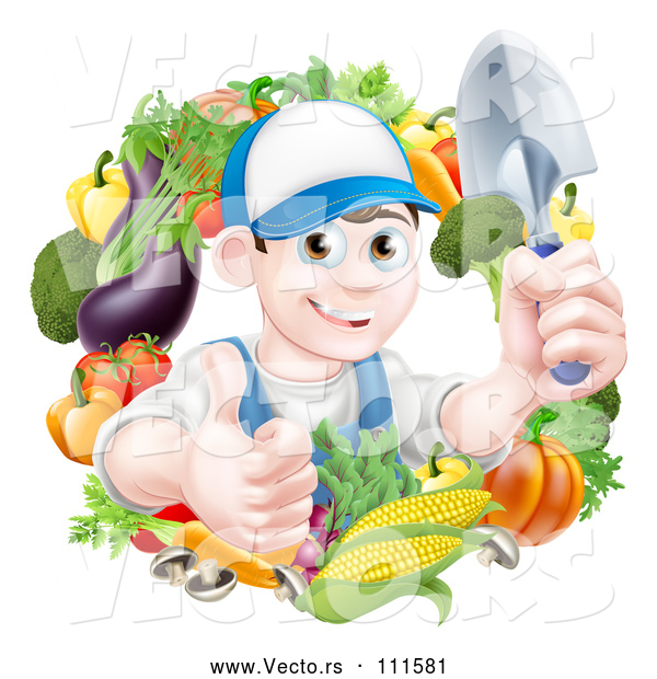 Vector of Cartoon Young Brunette White Male Gardener in Blue, Holding up a Shovel and Giving a Thumb up in a Wreath of Produce