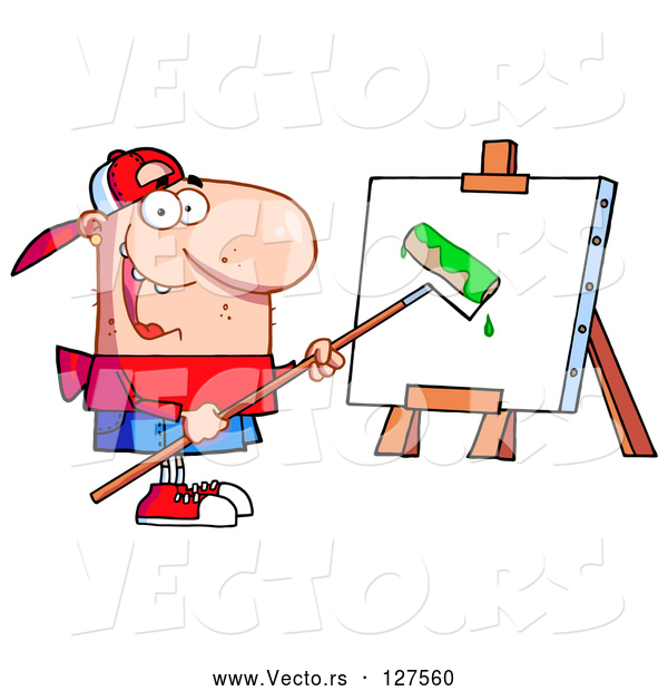 Vector of Cartoon Young Guy Using a Roller Brush to Paint a Canvas