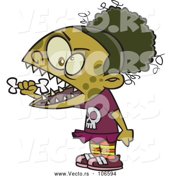 Vector of Cartoon Zombie Girl Eating a Bone