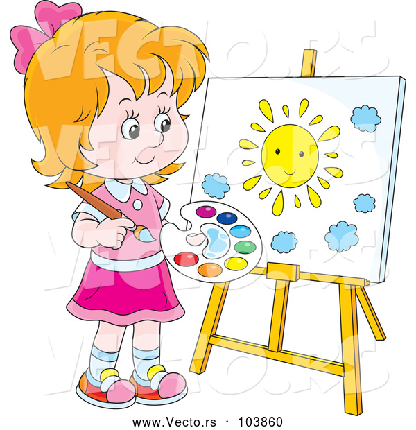 Vector of Caucasian Girl Painting a Sun on a Canvas
