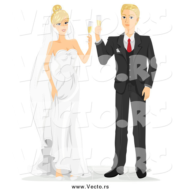 Vector of Caucasian Newlyweds Toasting with Champagne