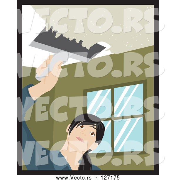 Vector of Caucasian Woman Using a Scraper Tool to Remove Popcorn Ceiling in Her House