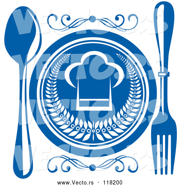 Vector of Chef Hat Plate and Silverware - Blue and White Theme