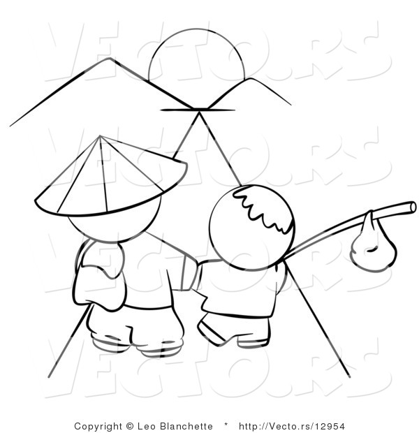 Vector of Chinese Father and Son Walking Towards the Sunset - Coloring Page Outlined Art