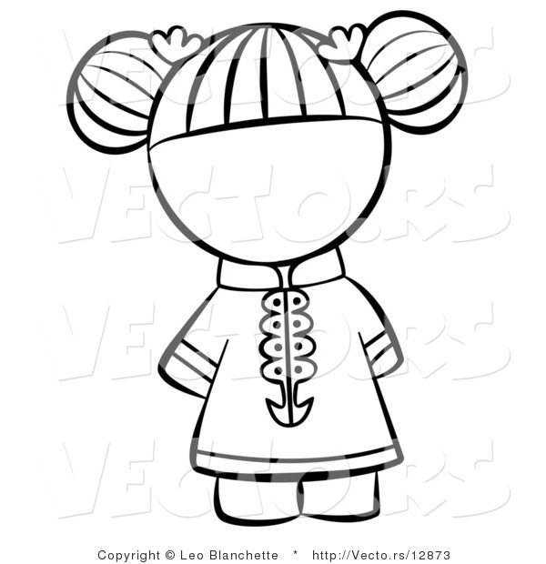 Vector of Chinese Girl with Hair Tied up - Coloring Page Outlined Art