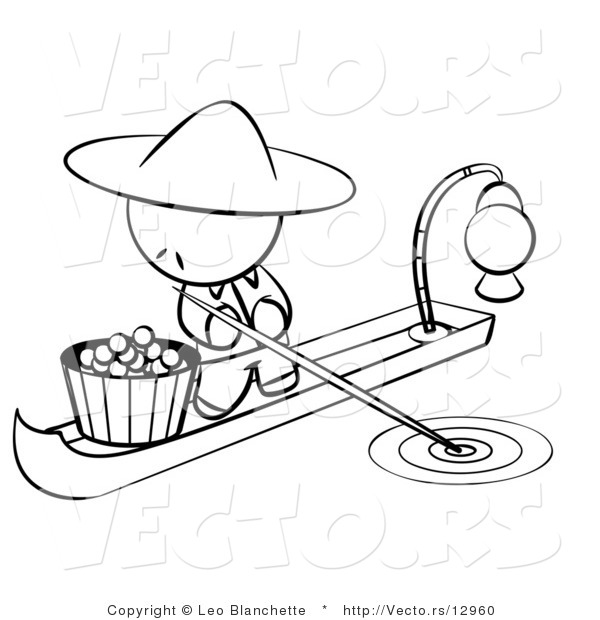 Vector of Chinese Person on a Food Boat - Coloring Page Outlined Art