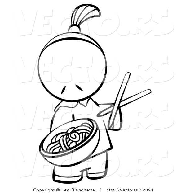 Vector of Chinese Person Serving Noodles - Coloring Page Outlined Art