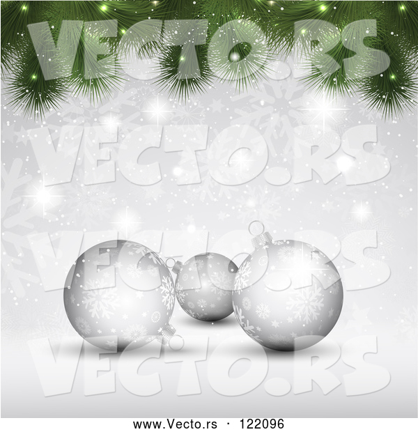 Vector of Christmas Background of 3d Silver Baubles with Snowflakes and Tree Branches