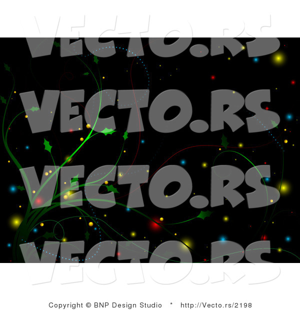 Vector of Christmas Background with Green Vines and Colorful Glowing Orbs - Digital Black Background