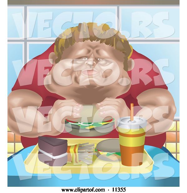 Vector of Chubby Guy Eating a Tray Full of Fast Food