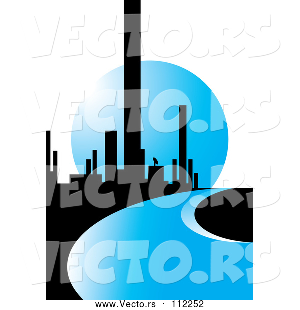 Vector of City of Skyscrapers and a Blue Road or River Against a Moon