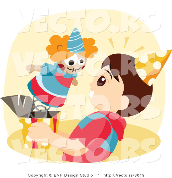 Vector of Clown Startling a Boy While It Pops out of a Jack-In-The-Box Toy