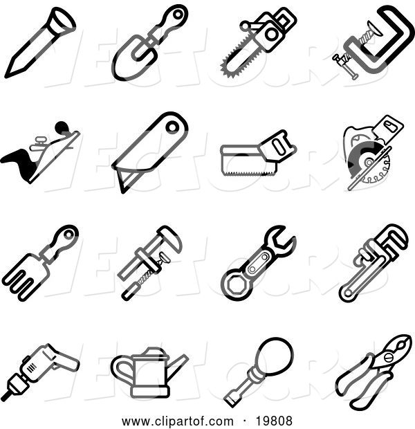 Vector of Collection of Black and White Nail, Shovel, Saw, Clasp, Razor, Rake, Wrench, Drill, Oil Can, Screwdriver and Pliers Tools Icons on a White Background