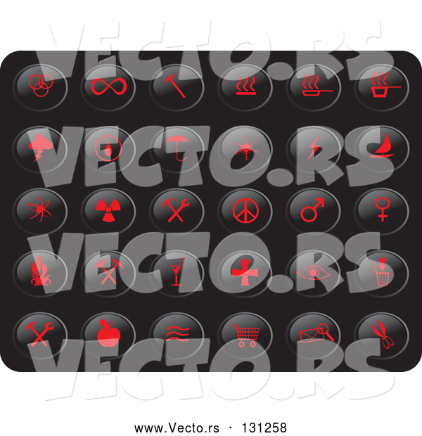 Vector of Collection of Red Misc Button Icons on a Black Background
