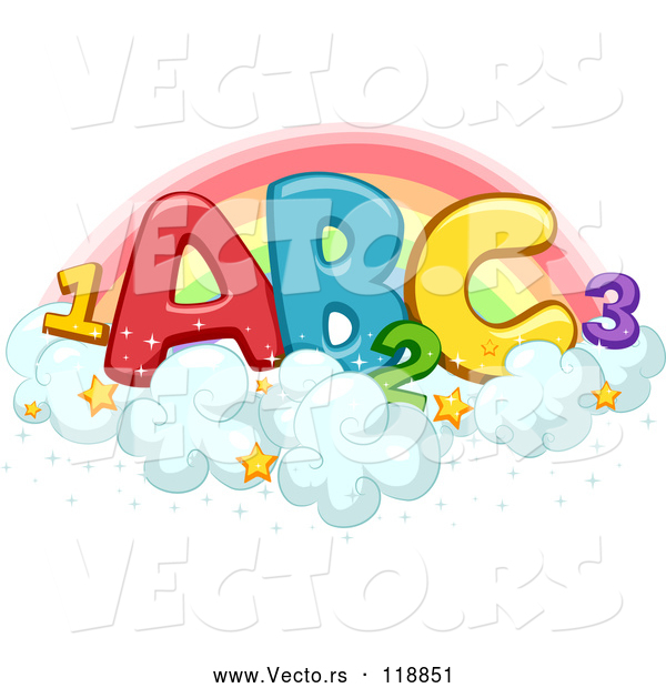 Vector of Colorful Abc and 123 on Starry Clouds Against a Rainbow