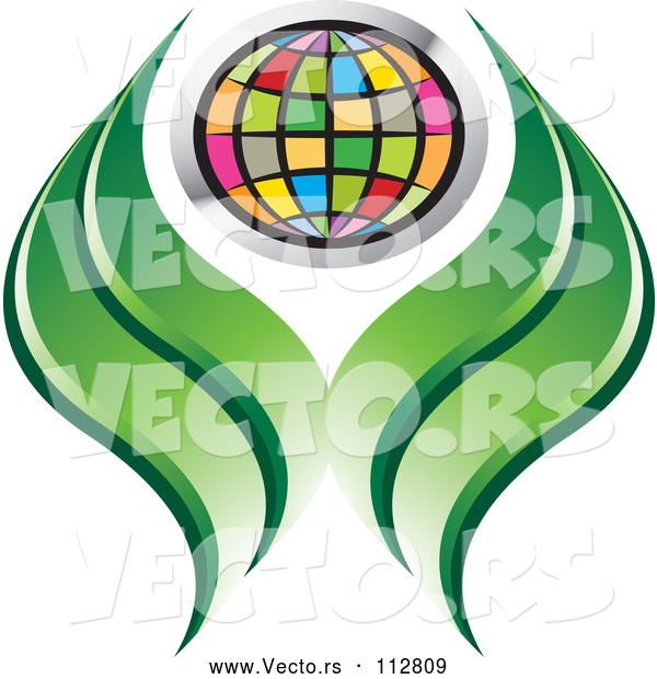 Vector of Colorful Grid Globe and Green Abstract Leaves or Hands
