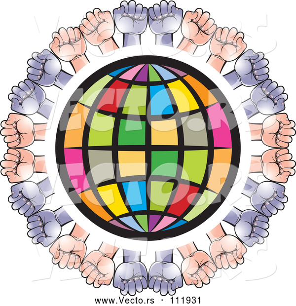 Vector of Colorful Grid Globe Encircled with White and Black Hands