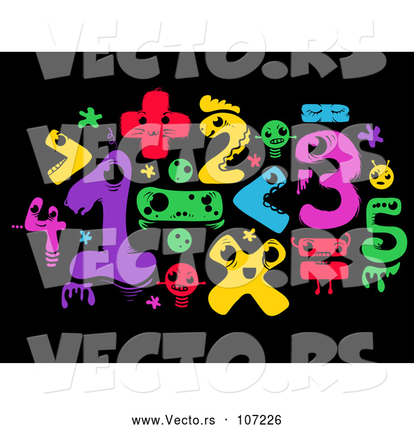 Vector of Colorful Monster Math Numbers and Symbols on Black