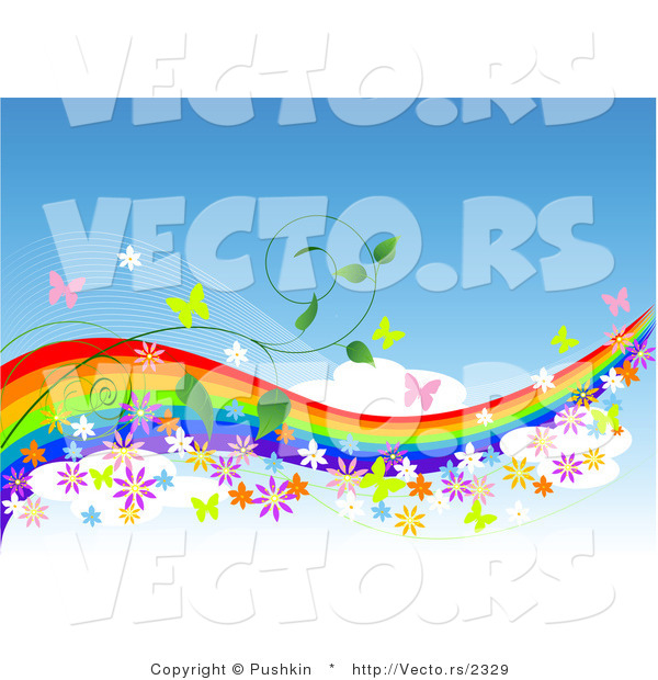 Vector of Colorful Rainbow in Blue Sky with Butterflies, Flowers and Vines - - Background Border Design Element with Copyspace