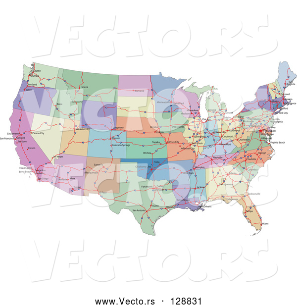Vector of Colorful Road Map Showing the Connecting Highways and Continental States of the USA