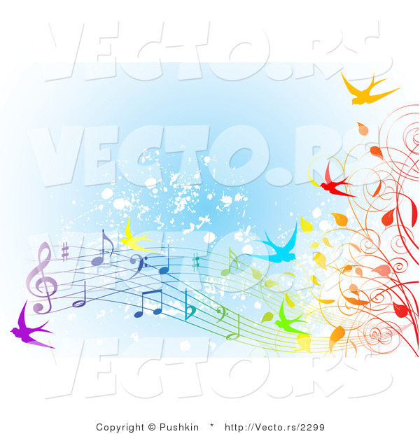 Vector of Colorfule Spring Time Swallows, Vines and Music Notes over Blue Grunge Background