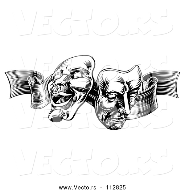 Vector of Comedy and Tragedy Theater Masks on a Ribbon - Black and White Engraved Style