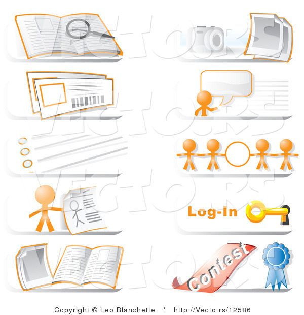 Vector of Community Hotline Icons Featuring the Orange Guy, a Search, Photos, Live Chat, Information, Links, Login and Contest Icons
